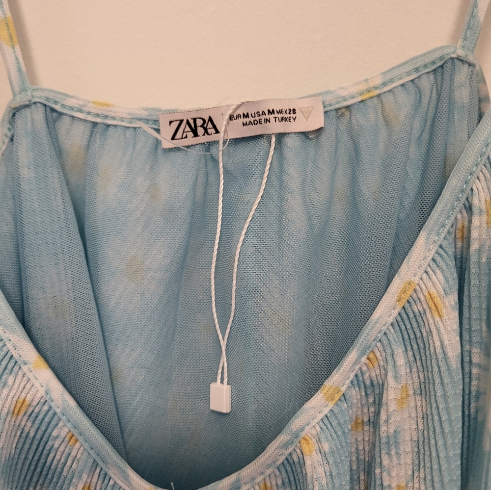 Zara Pleated Babydoll Dress Size Medium Spaghetti Straps With Daisy Print - Picture 12 of 15